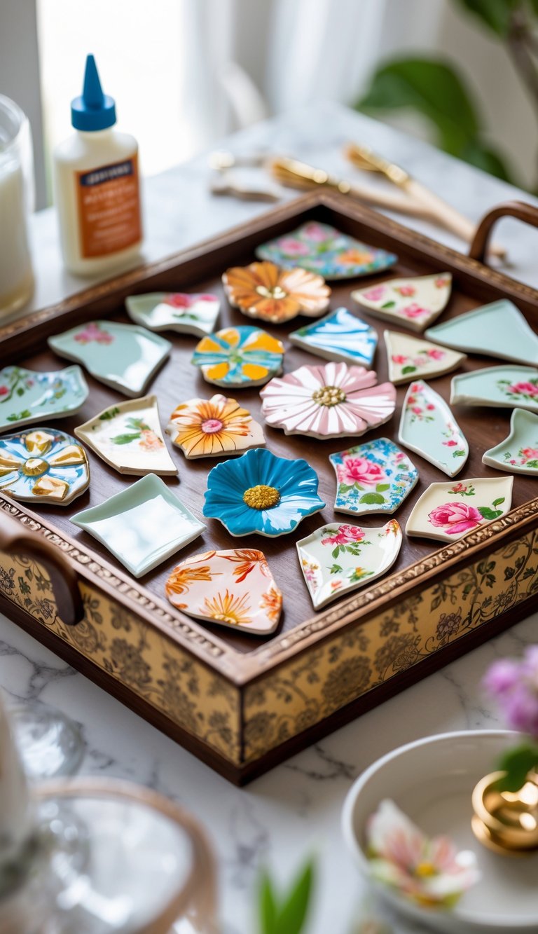 A decorated serving tray filled with colorful broken china pieces arranged for crafting.